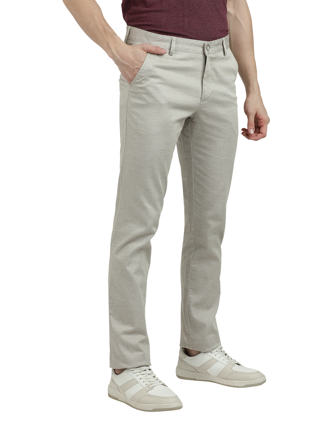 Model wearing Clarke Gable's Cream Custom Fit Trousers in a casual setting