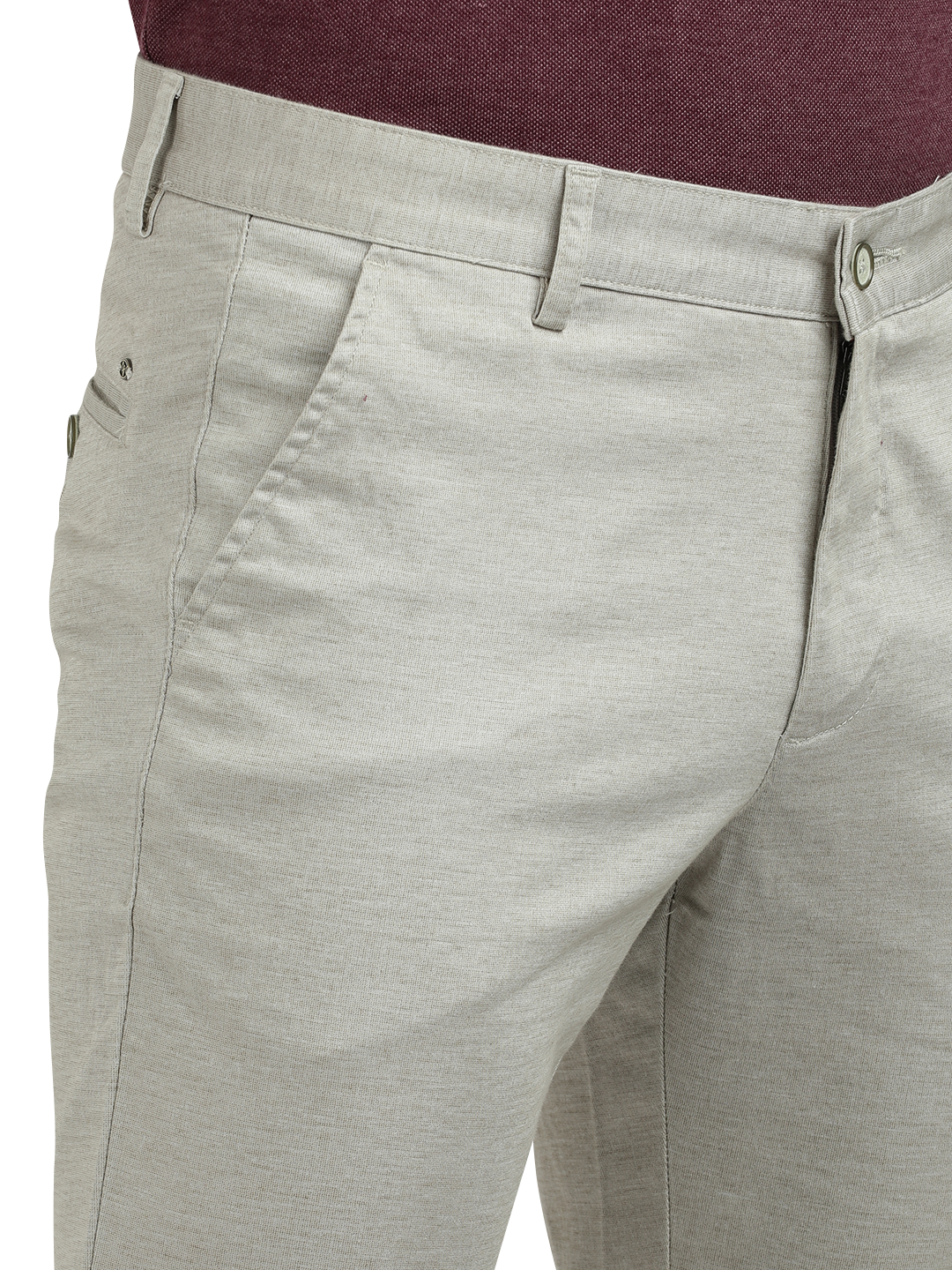 Model wearing Clarke Gable's Cream Custom Fit Trousers in a casual setting