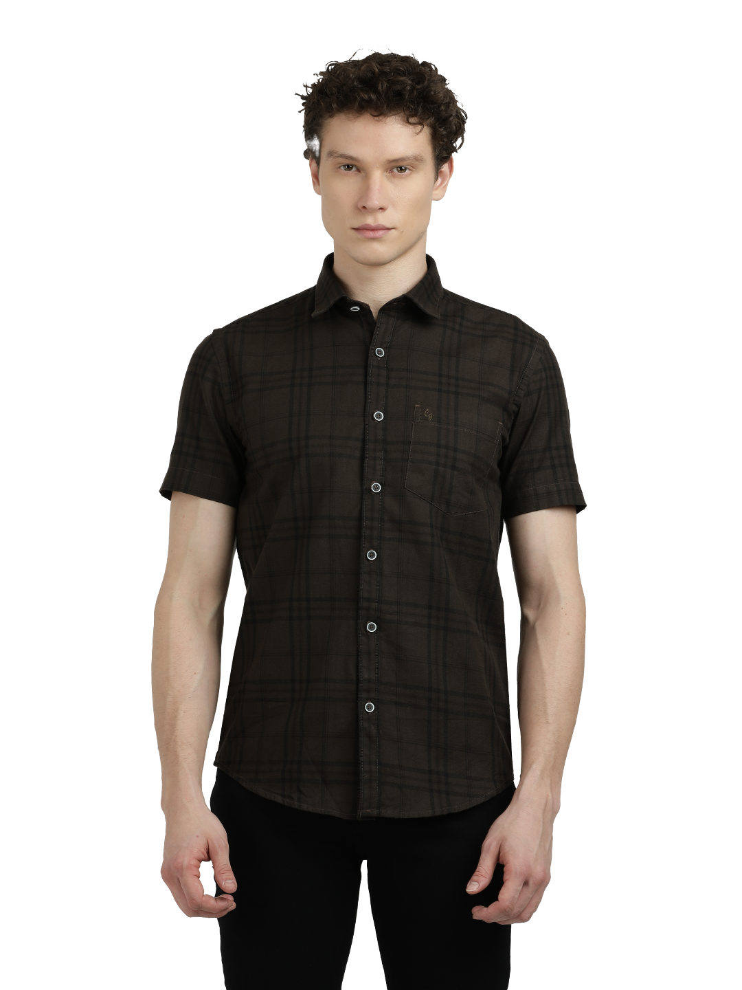 Model wearing Clarke Gable's Dark Brown Checked Semi Casual Shirt in a casual setting
