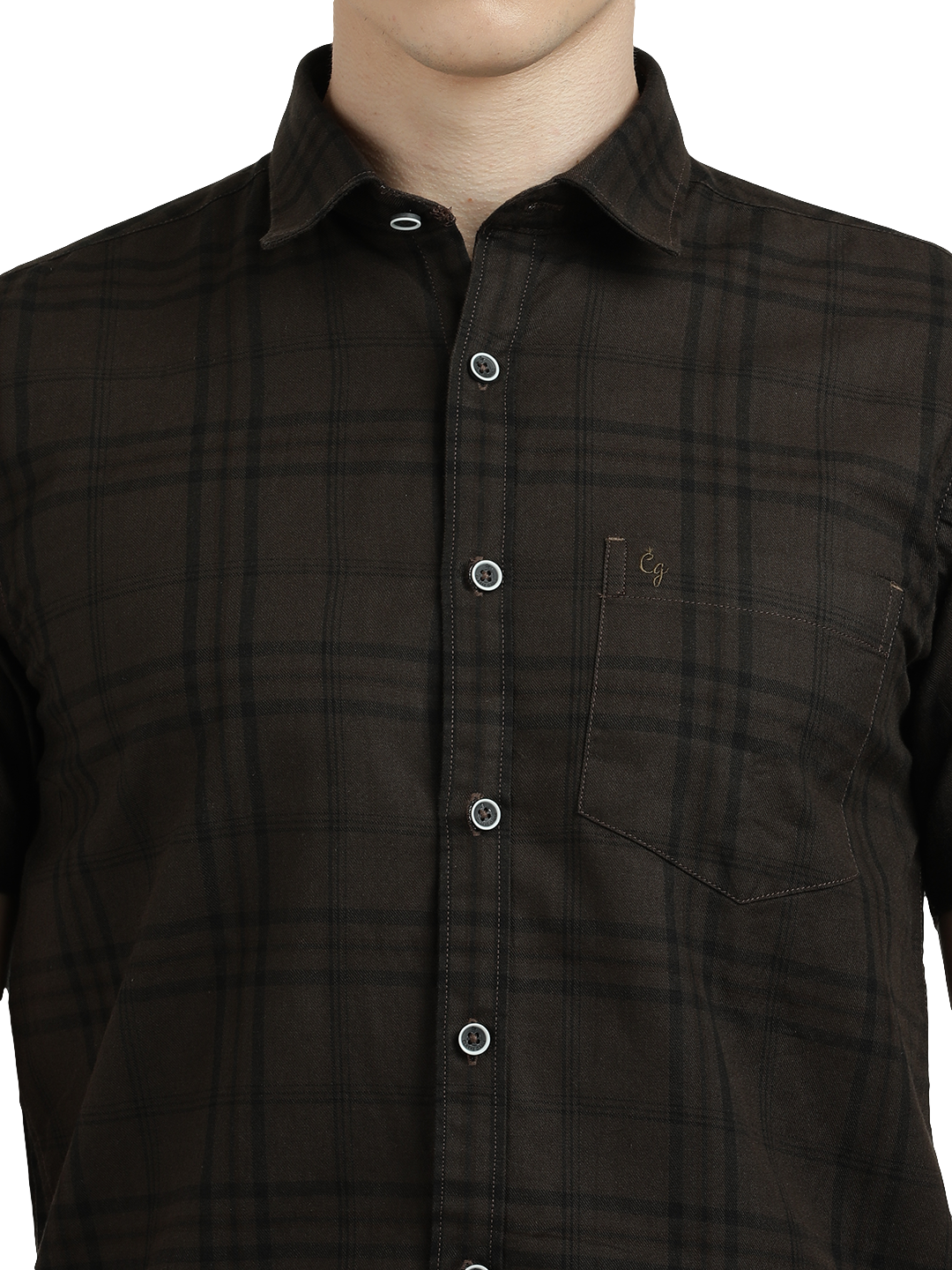 Model wearing Clarke Gable's Dark Brown Checked Semi Casual Shirt in a casual setting