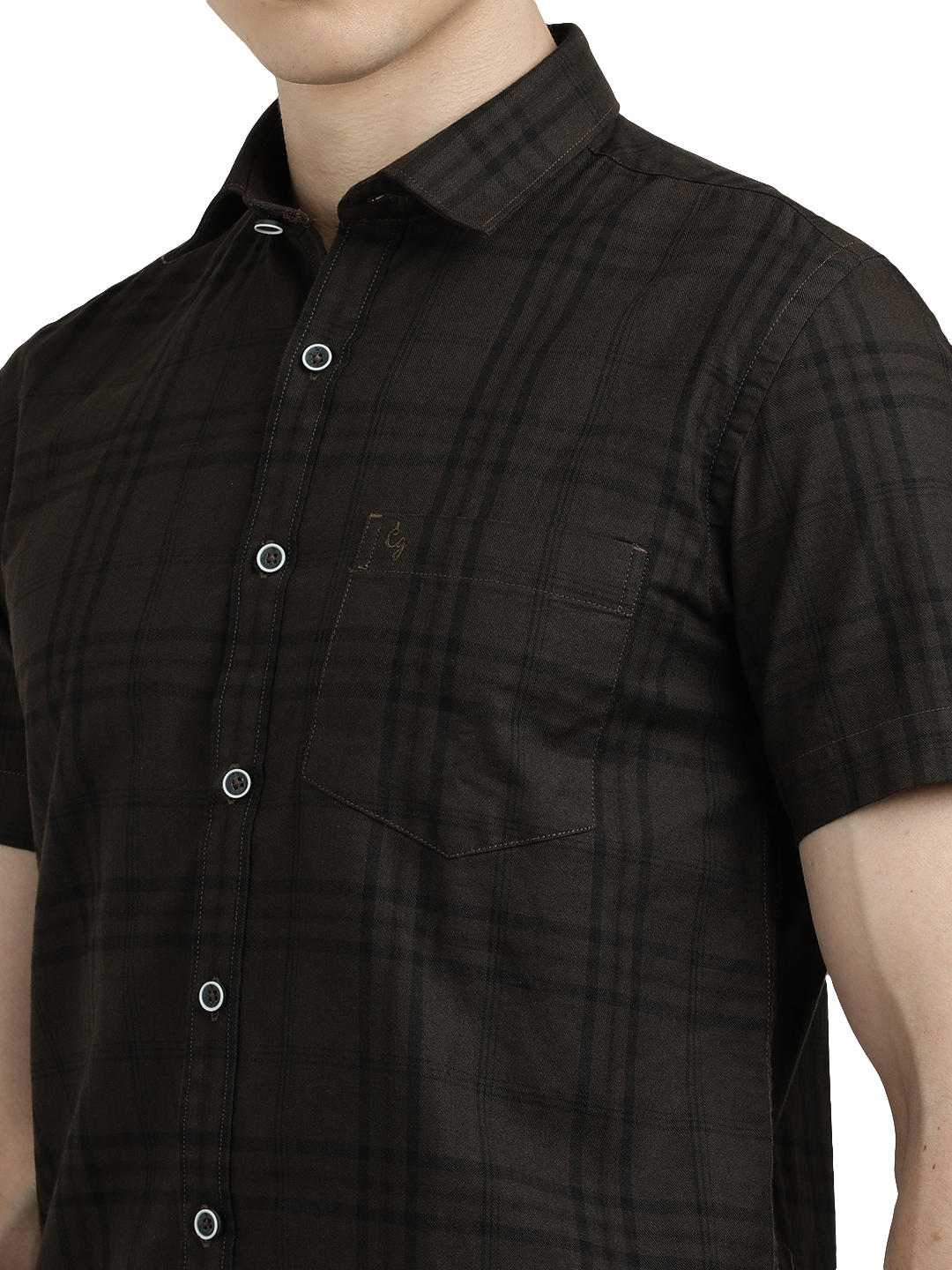 Model wearing Clarke Gable's Dark Brown Checked Semi Casual Shirt in a casual setting