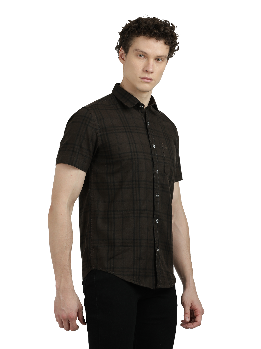Model wearing Clarke Gable's Dark Brown Checked Semi Casual Shirt in a casual setting