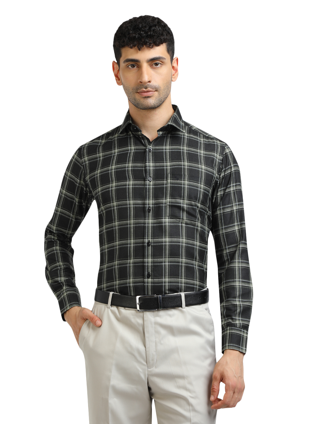 Model wearing Clarke Gable's Dark Green With White Checked Formal Shirt in a casual setting