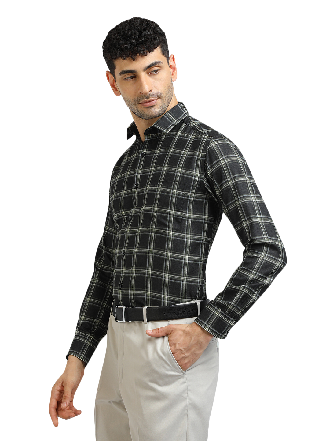 Model wearing Clarke Gable's Dark Green With White Checked Formal Shirt in a casual setting
