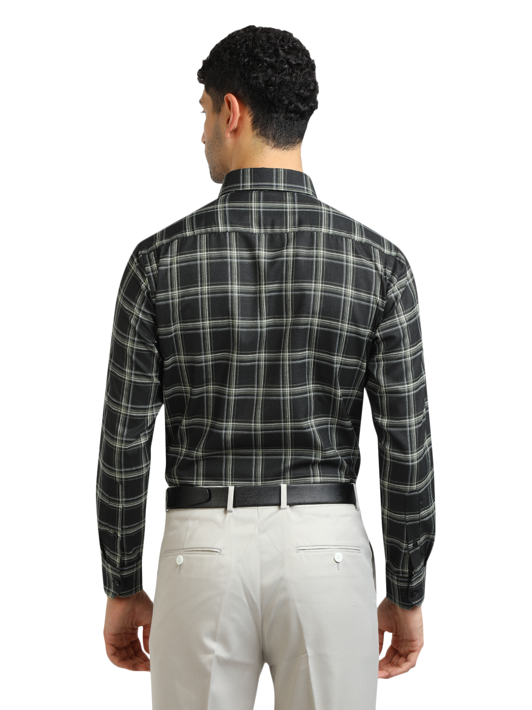 Model wearing Clarke Gable's Dark Green With White Checked Formal Shirt in a casual setting