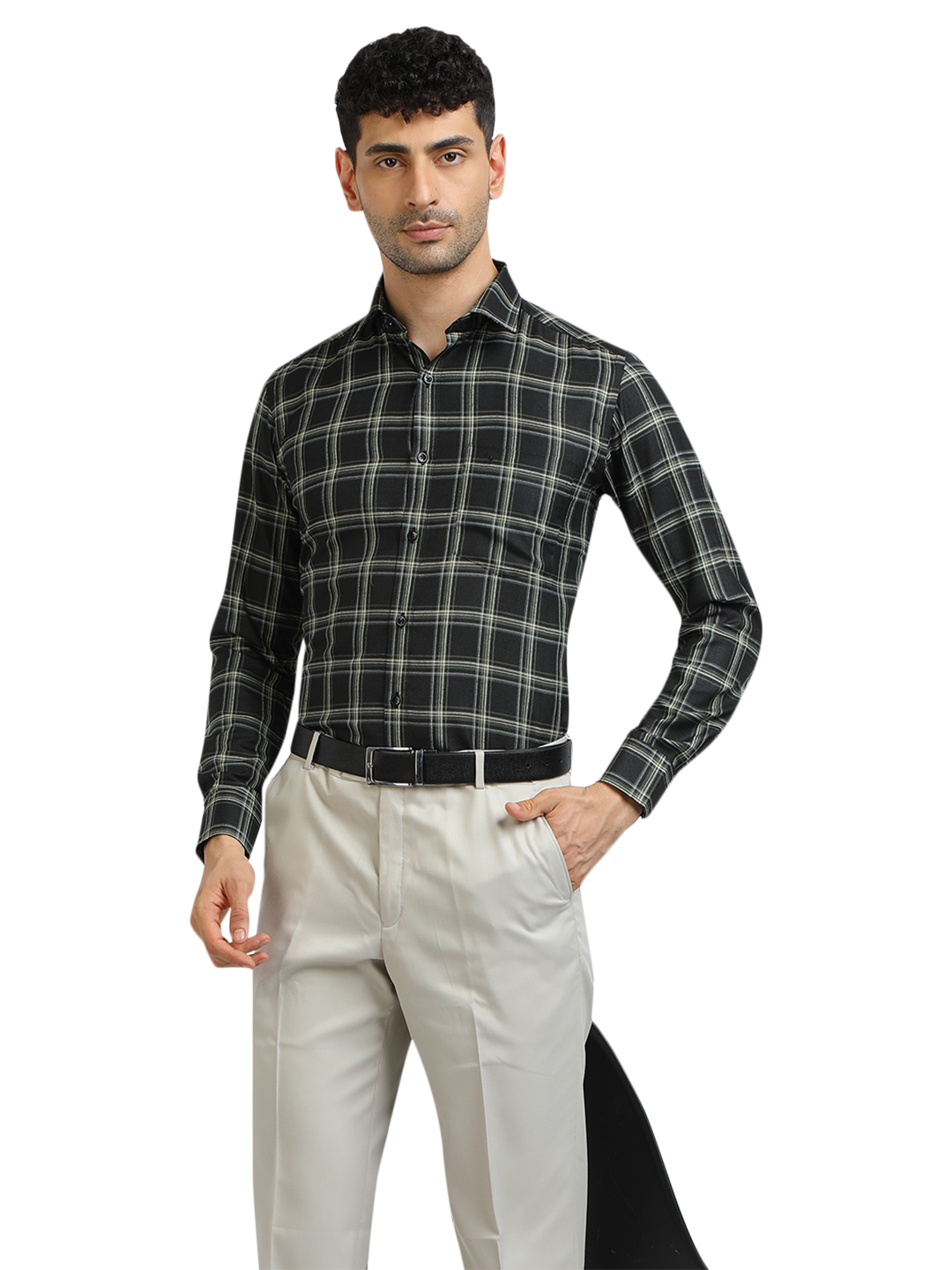 Model wearing Clarke Gable's Dark Green With White Checked Formal Shirt in a casual setting