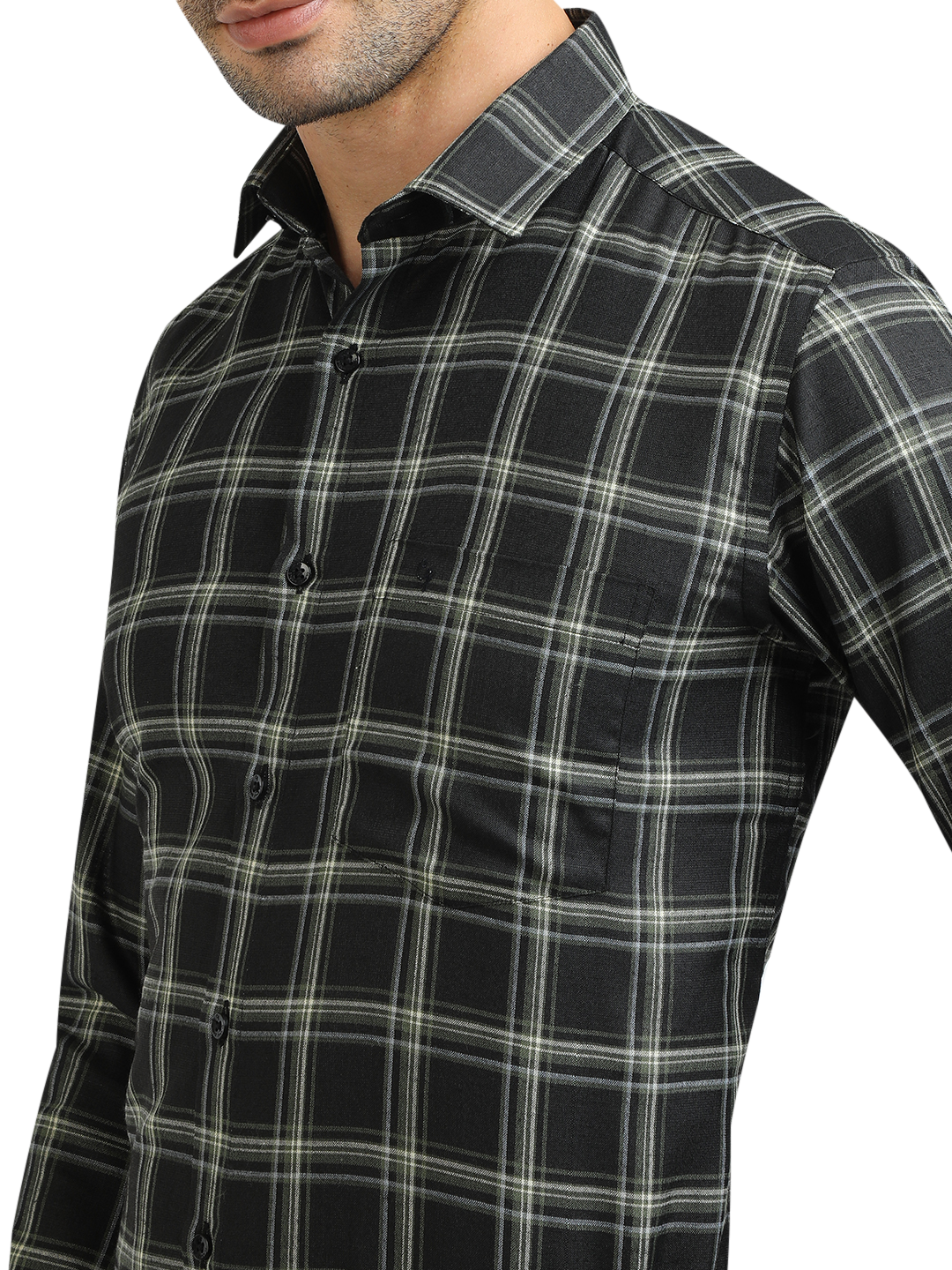 Model wearing Clarke Gable's Dark Green With White Checked Formal Shirt in a casual setting