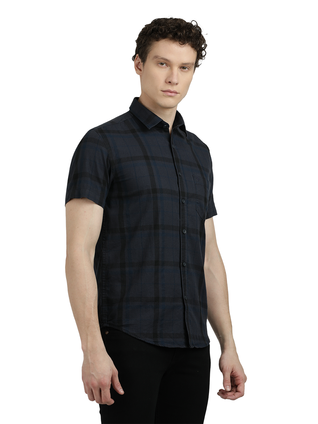 Model wearing Clarke Gable's Dark Grey Checked Semi Casual Shirt in a casual setting