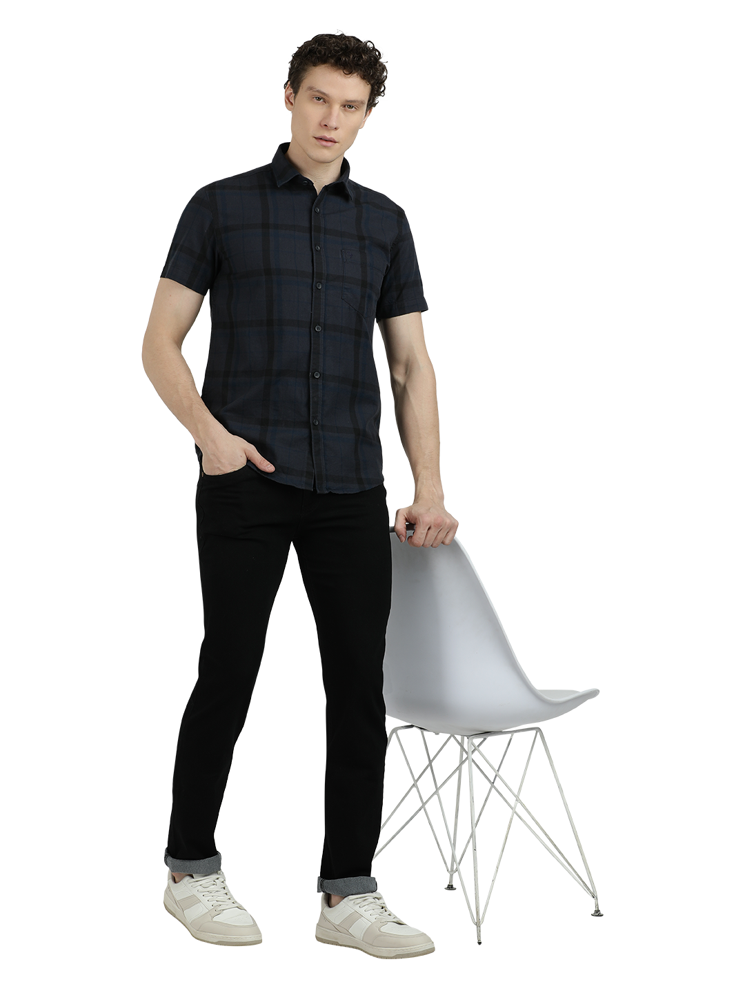 Model wearing Clarke Gable's Dark Grey Checked Semi Casual Shirt in a casual setting