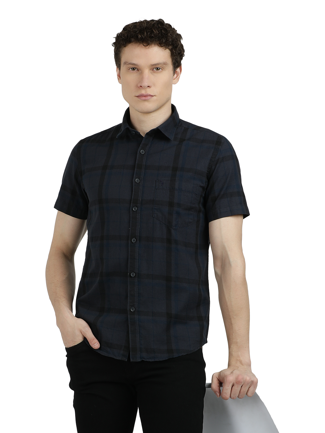 Model wearing Clarke Gable's Dark Grey Checked Semi Casual Shirt in a casual setting