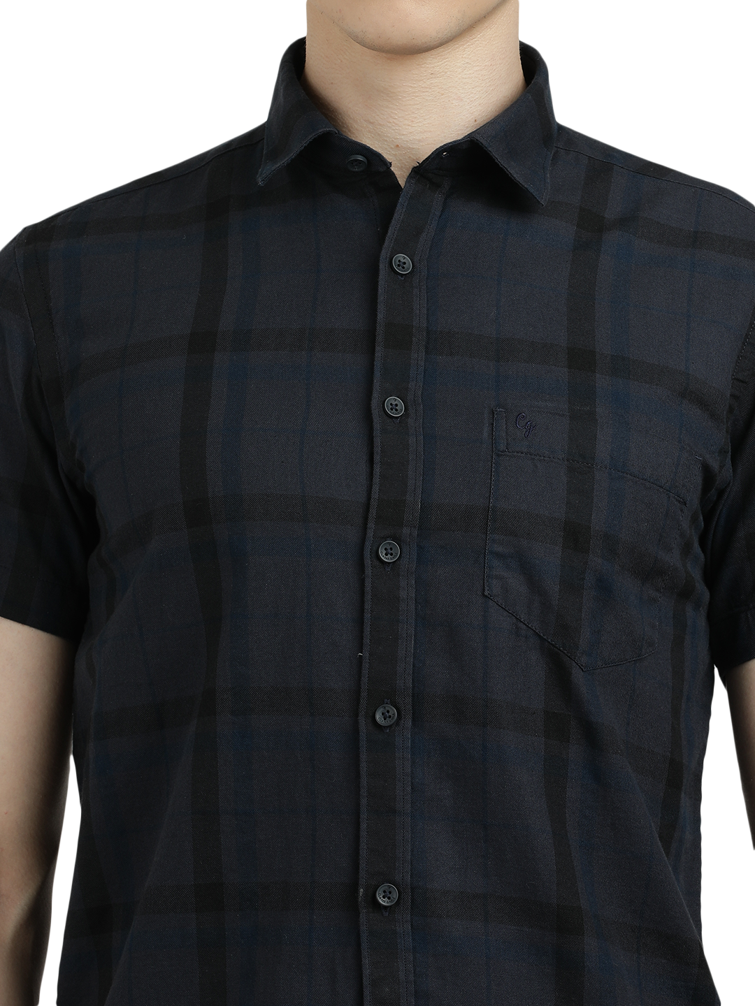Model wearing Clarke Gable's Dark Grey Checked Semi Casual Shirt in a casual setting