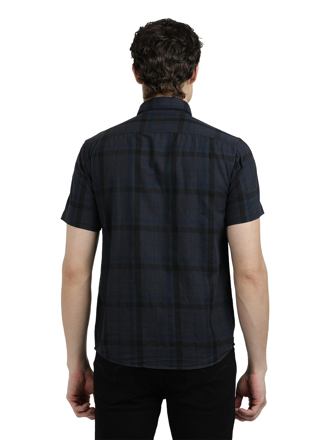 Model wearing Clarke Gable's Dark Grey Checked Semi Casual Shirt in a casual setting