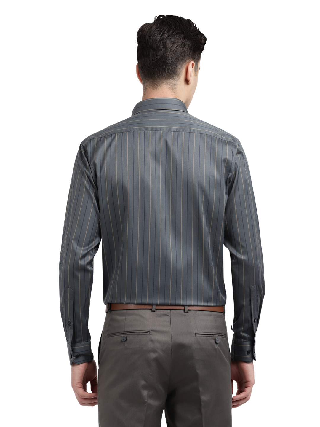Model wearing Clarke Gable's Dark Grey Striped Formal Shirt in a casual setting