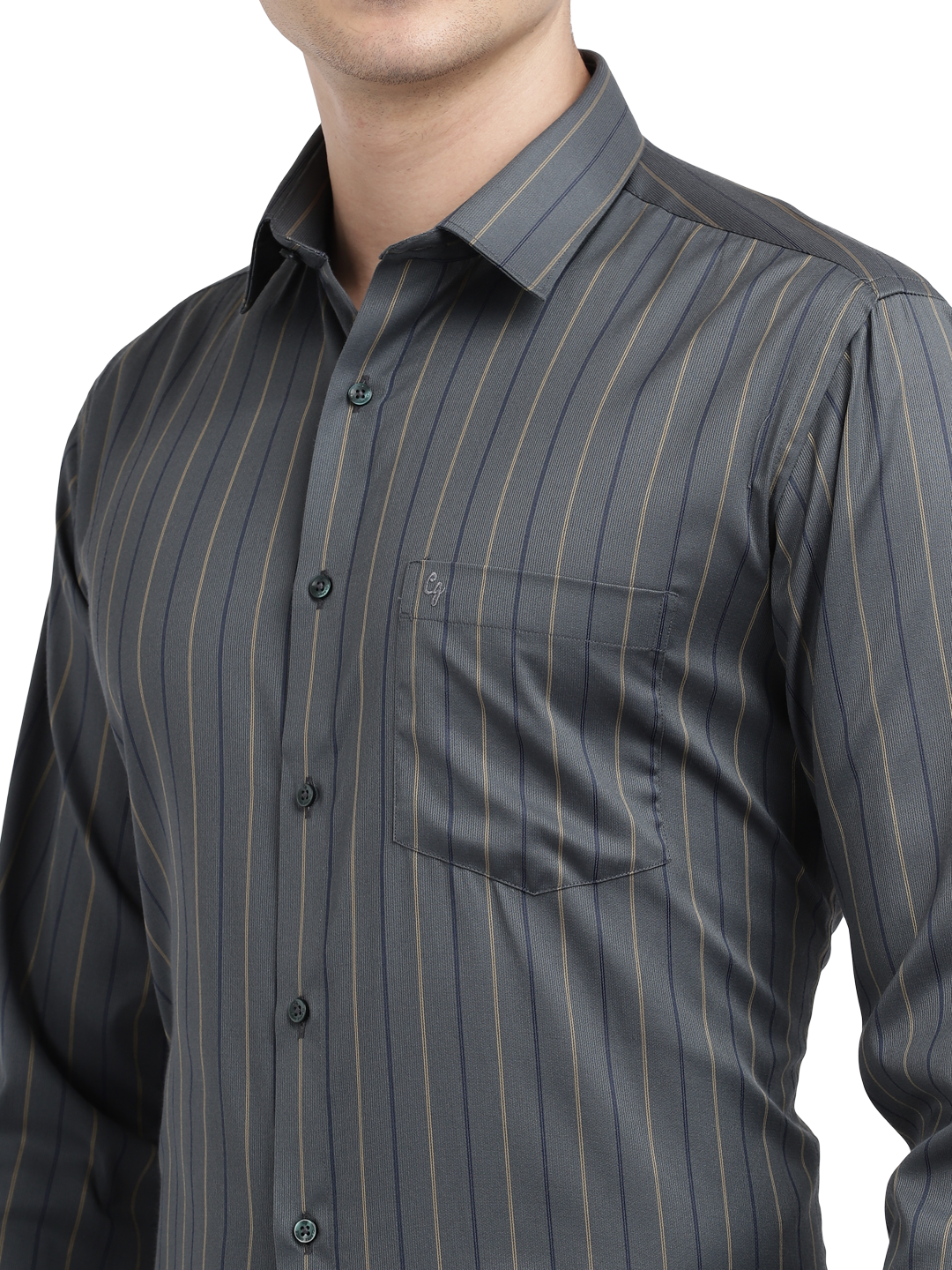 Model wearing Clarke Gable's Dark Grey Striped Formal Shirt in a casual setting