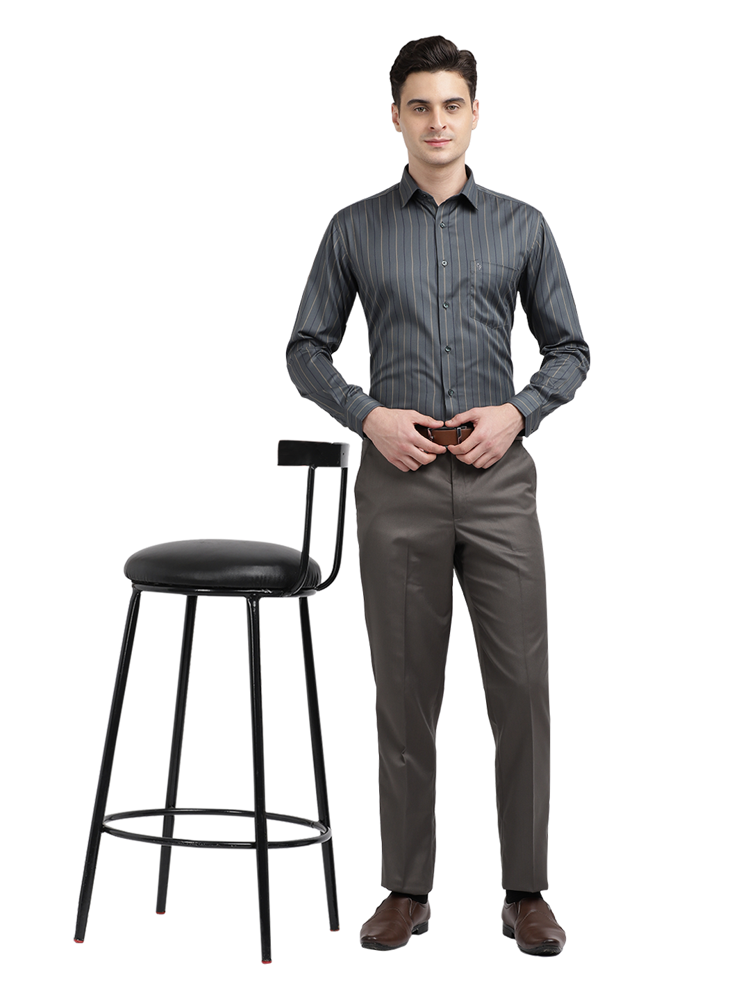 Model wearing Clarke Gable's Dark Grey Striped Formal Shirt in a casual setting