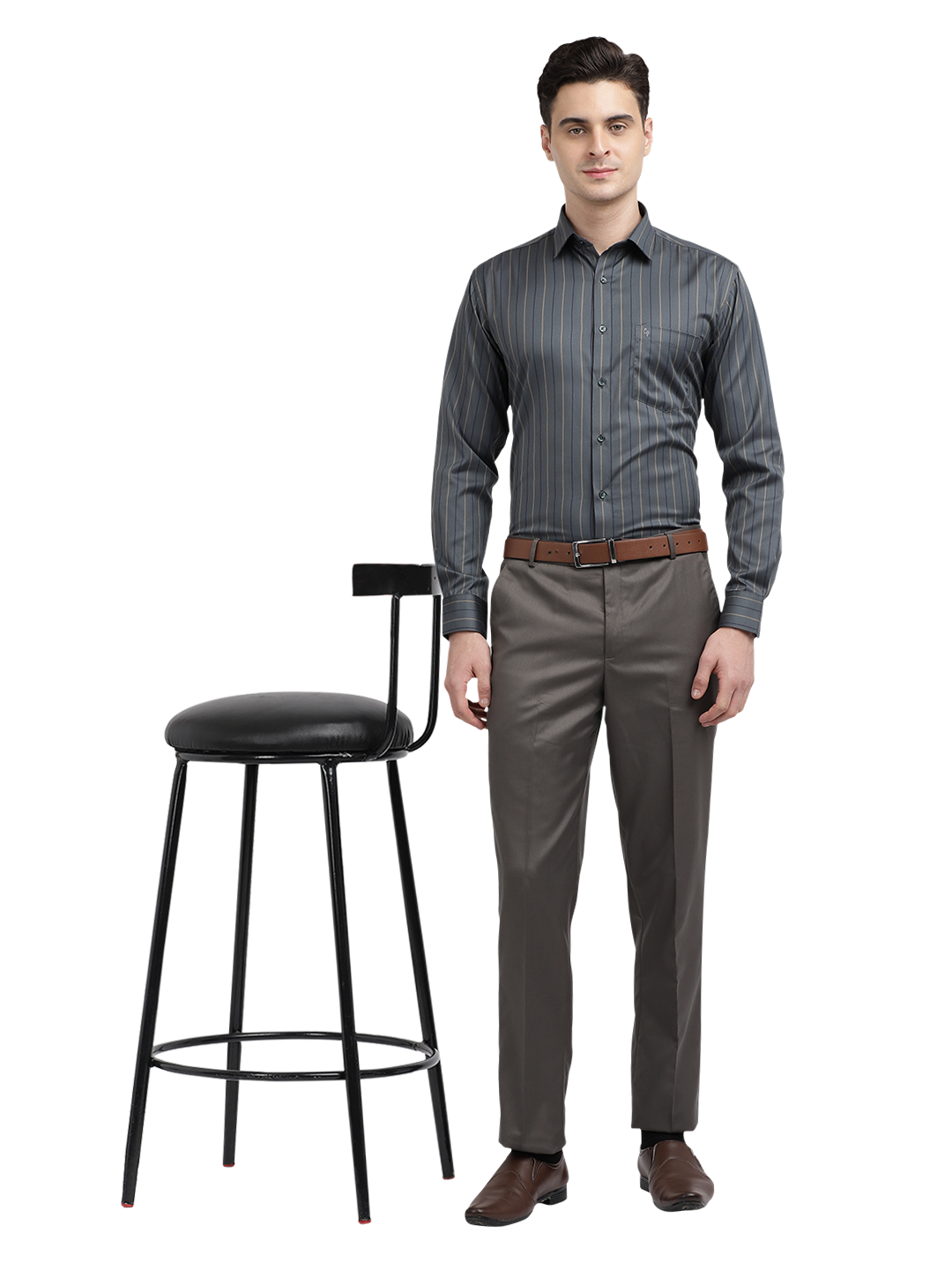 Model wearing Clarke Gable's Dark Grey Striped Formal Shirt in a casual setting