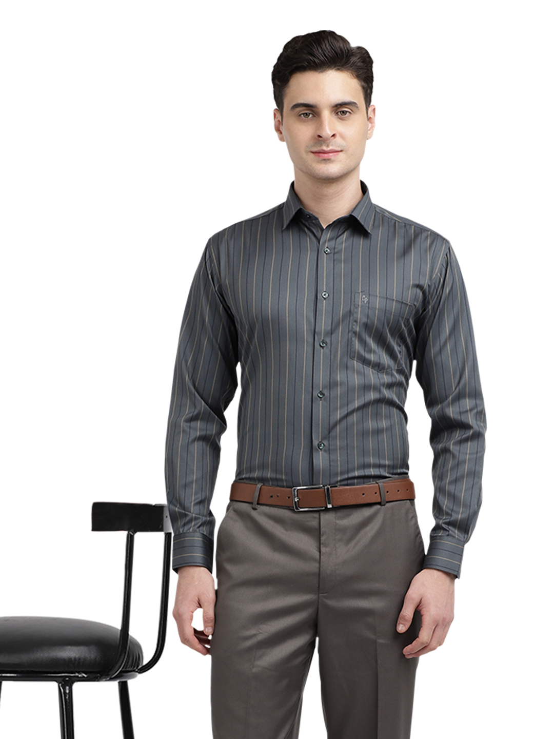 Model wearing Clarke Gable's Dark Grey Striped Formal Shirt in a casual setting