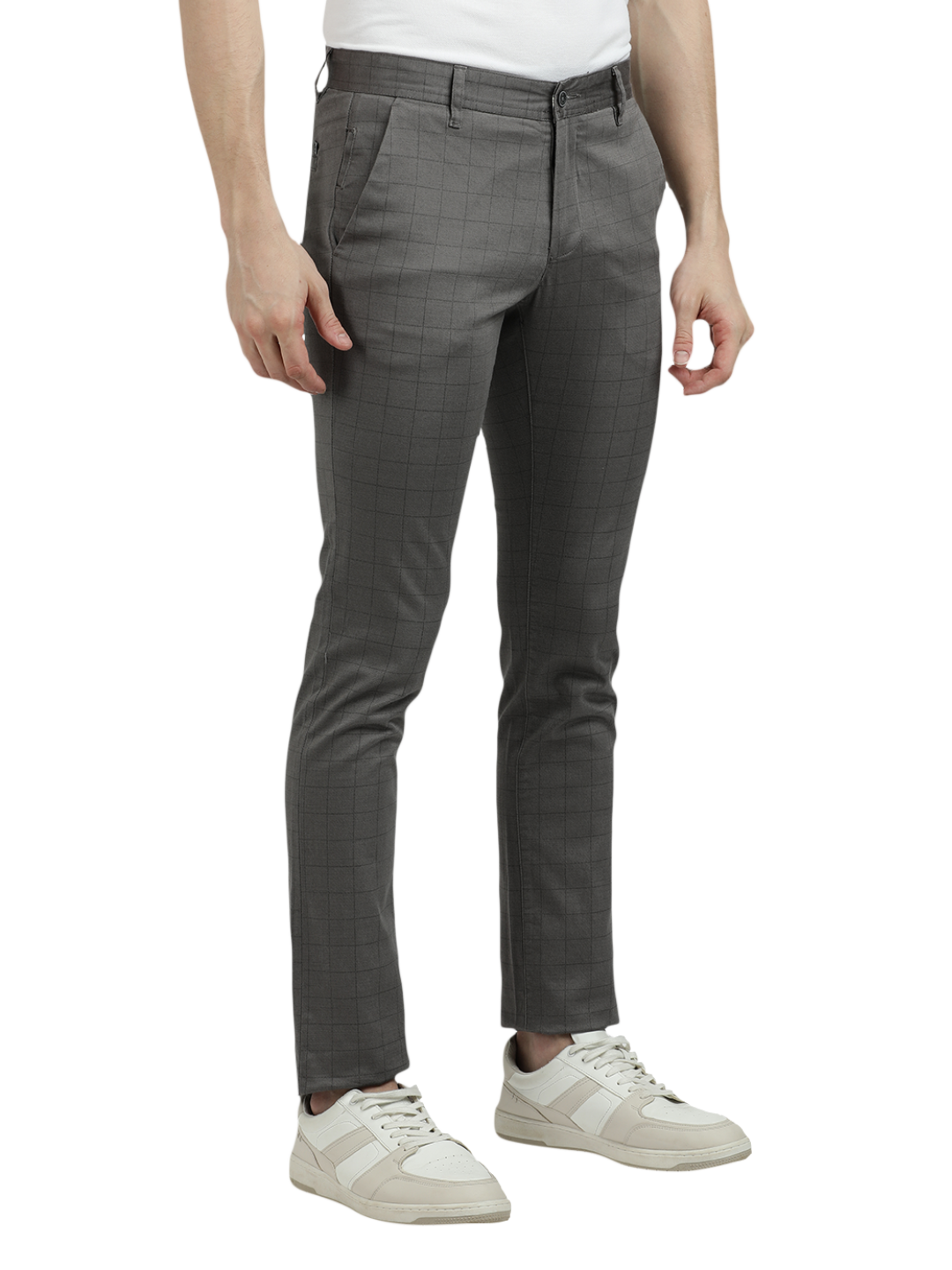 Model wearing Clarke Gable's Dark Grey Trim Fit Trousers in a casual setting