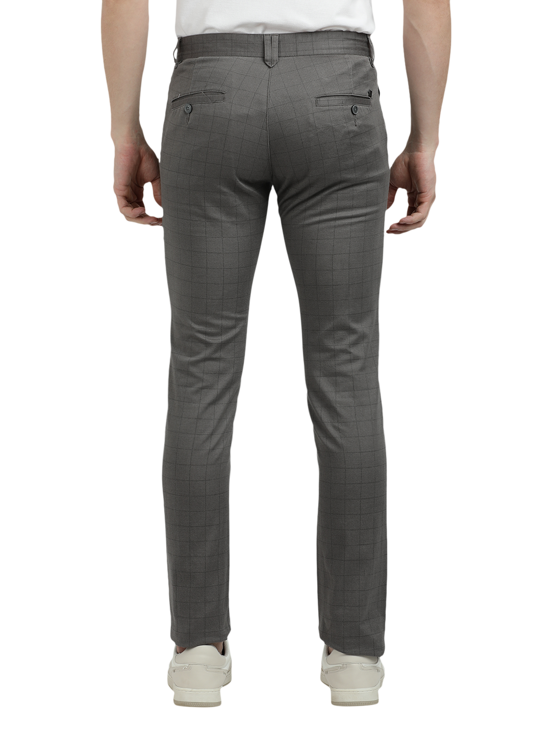 Model wearing Clarke Gable's Dark Grey Trim Fit Trousers in a casual setting