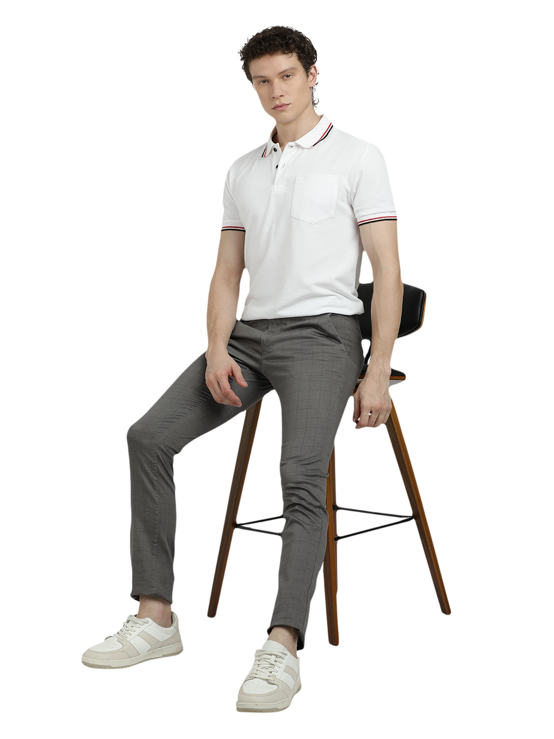 Model wearing Clarke Gable's Dark Grey Trim Fit Trousers in a casual setting