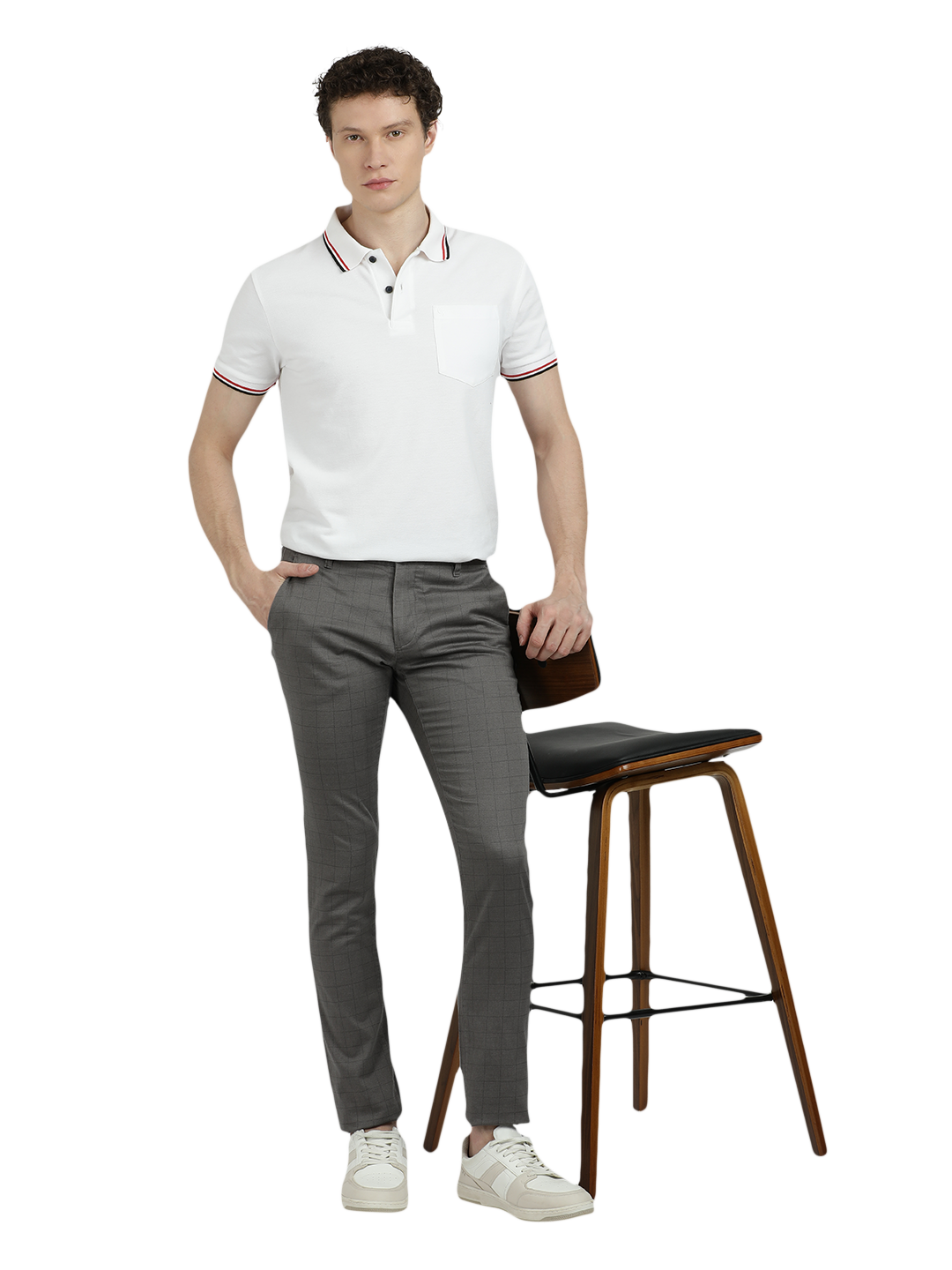 Model wearing Clarke Gable's Dark Grey Trim Fit Trousers in a casual setting