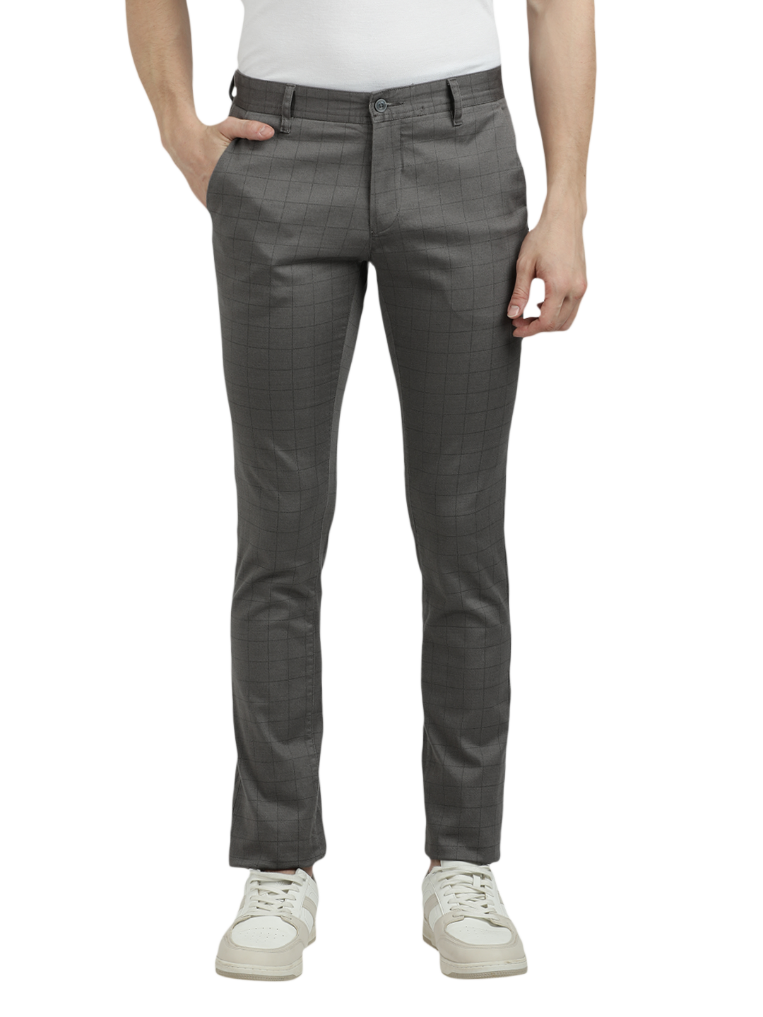 Model wearing Clarke Gable's Dark Grey Trim Fit Trousers in a casual setting