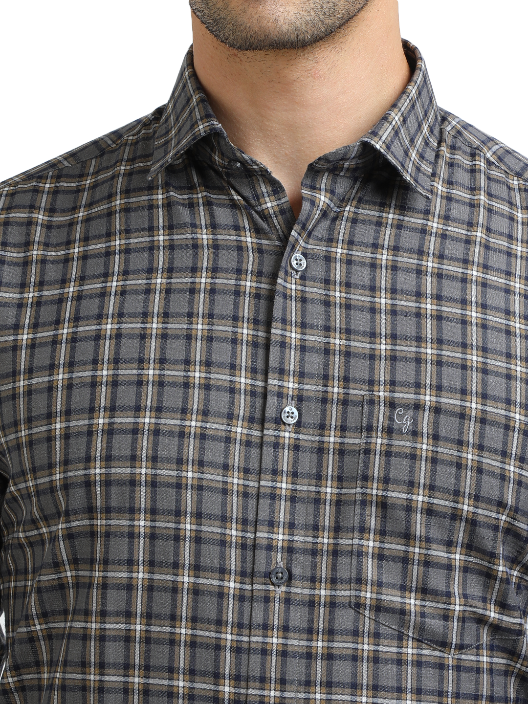 Model wearing Clarke Gable's Dark Grey With White Checked Formal Shirt in a casual setting