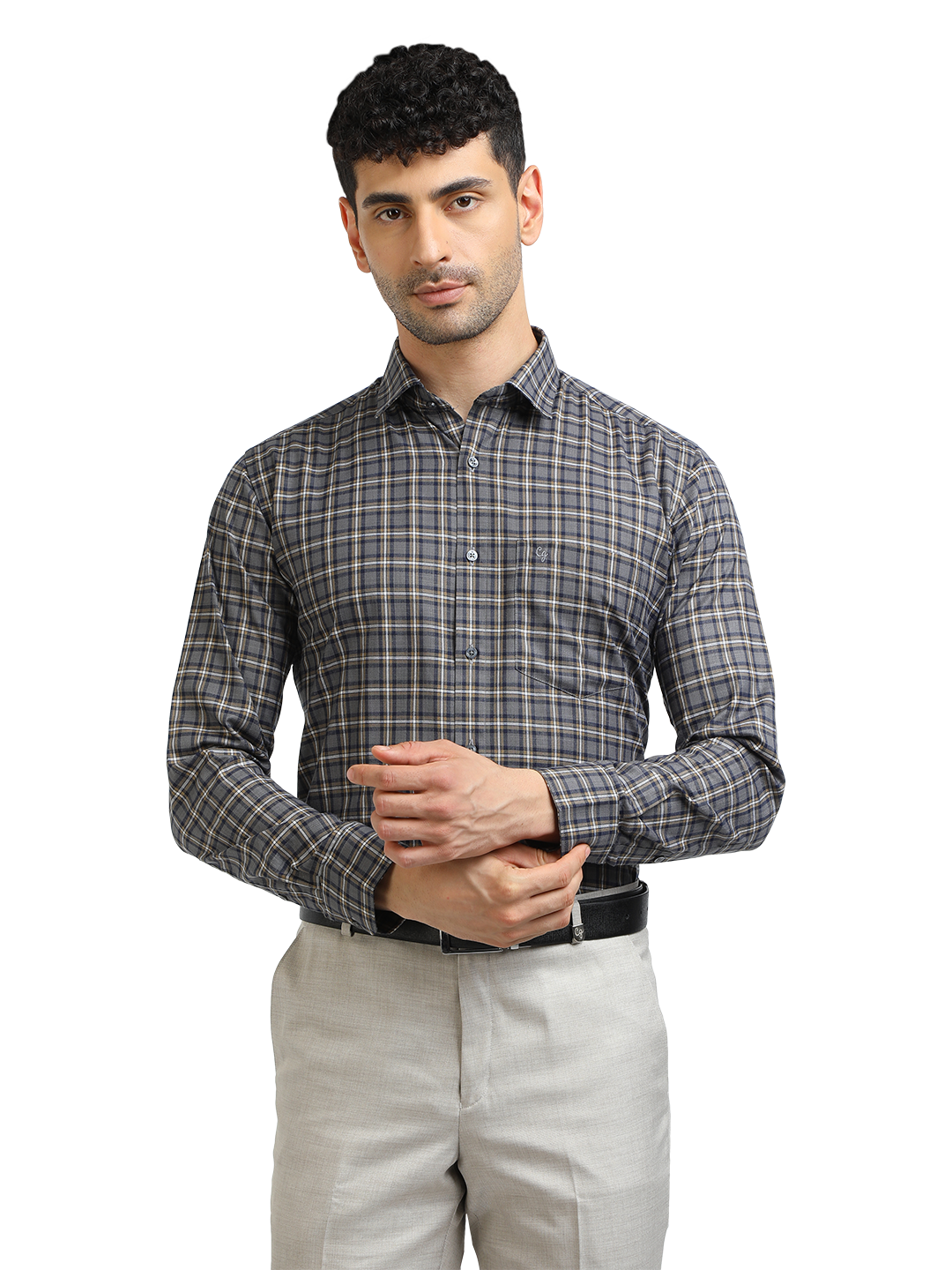 Model wearing Clarke Gable's Dark Grey With White Checked Formal Shirt in a casual setting