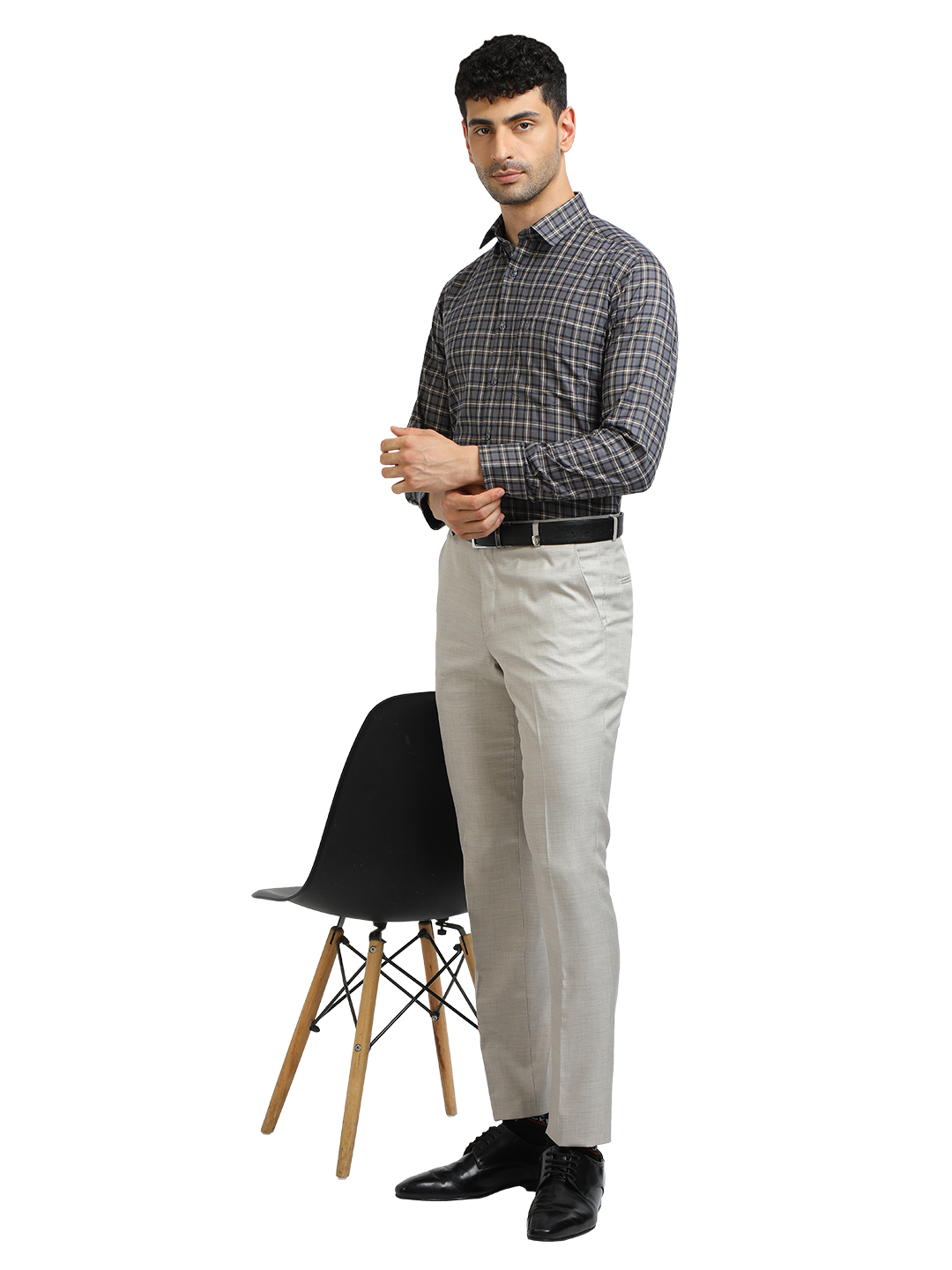 Model wearing Clarke Gable's Dark Grey With White Checked Formal Shirt in a casual setting