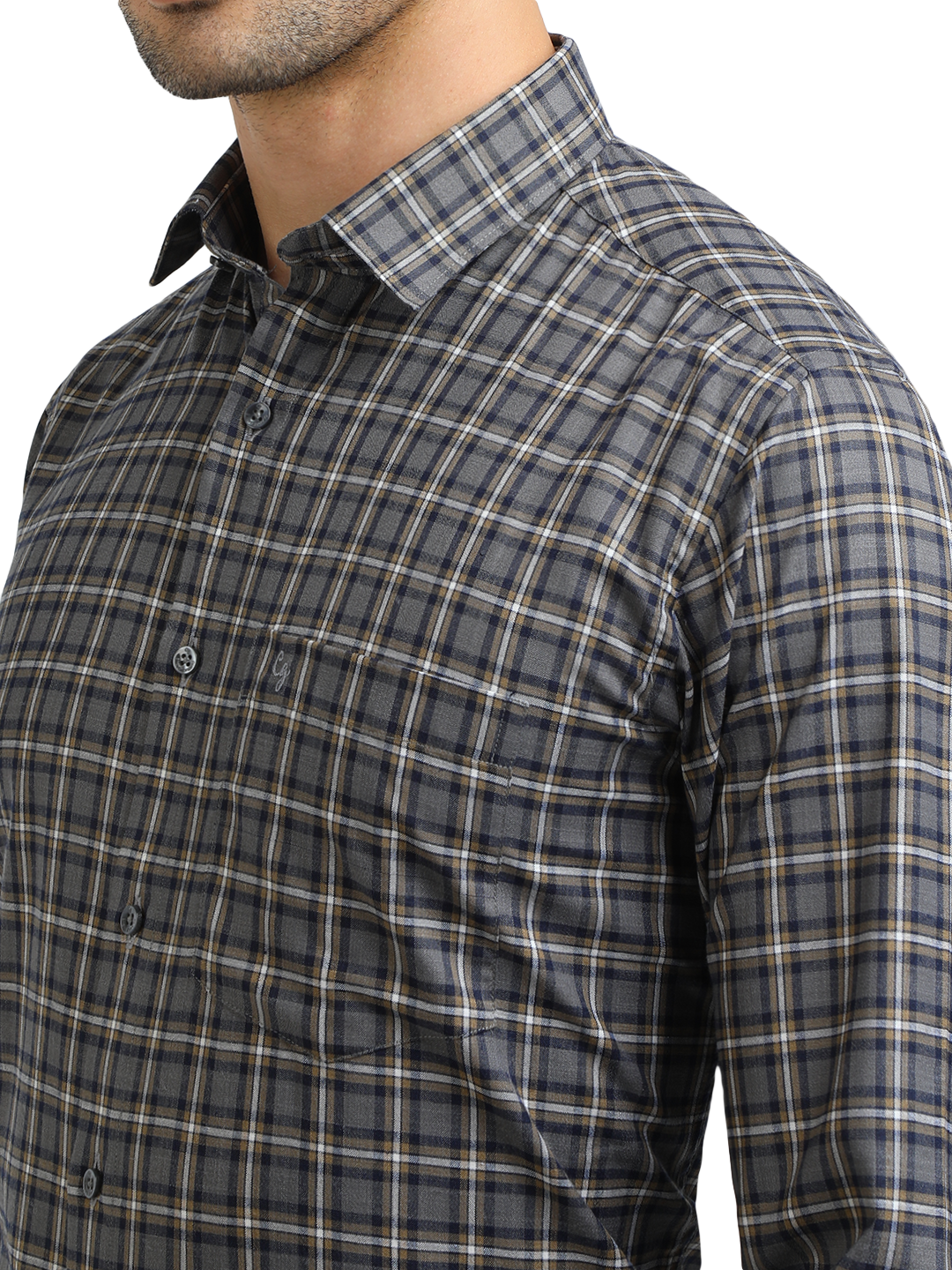 Model wearing Clarke Gable's Dark Grey With White Checked Formal Shirt in a casual setting