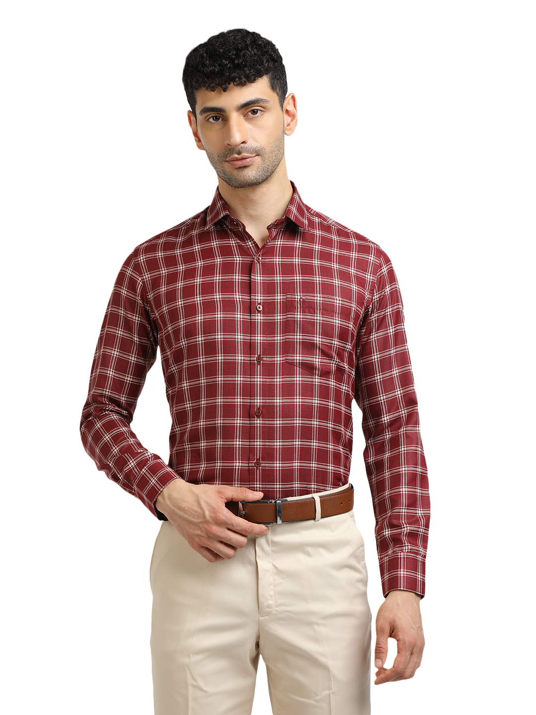 Model wearing Clarke Gable's Dark Maroon With White Checked Formal Shirt in a casual setting