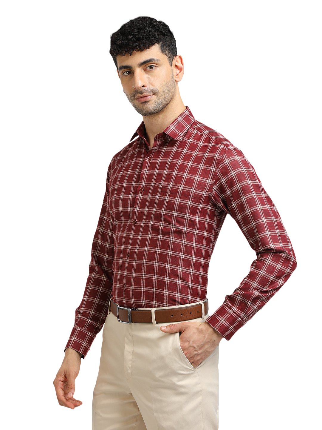 Model wearing Clarke Gable's Dark Maroon With White Checked Formal Shirt in a casual setting