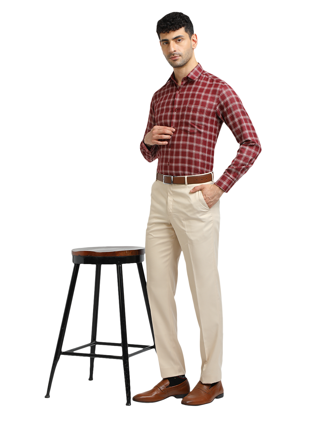 Model wearing Clarke Gable's Dark Maroon With White Checked Formal Shirt in a casual setting