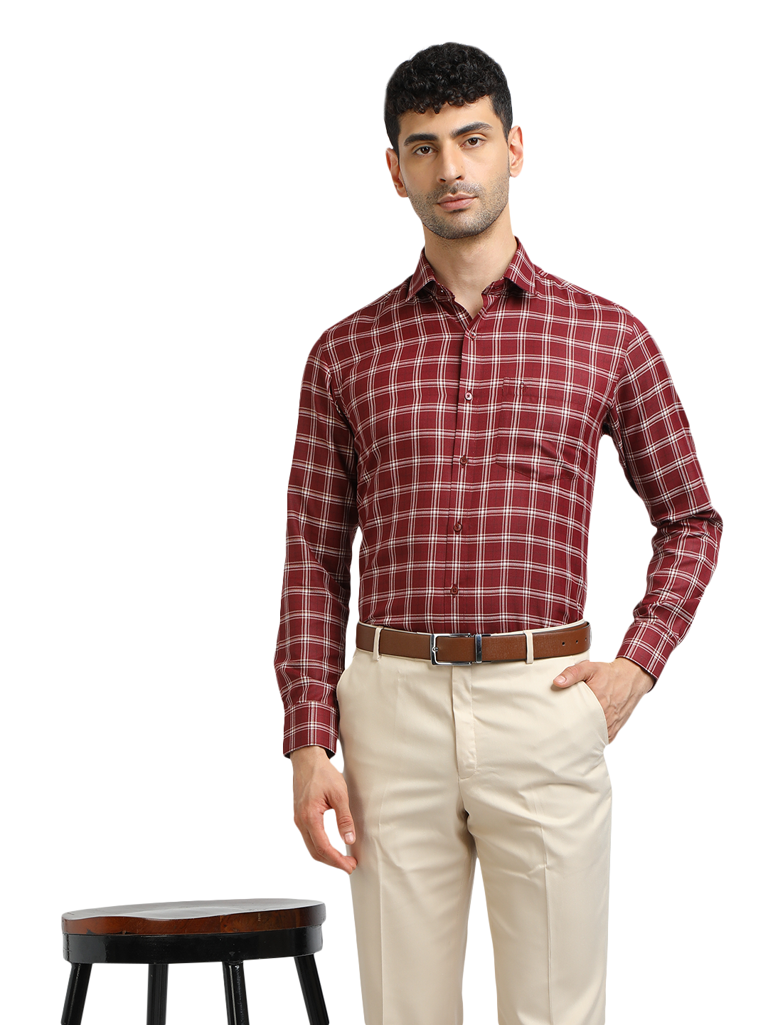 Model wearing Clarke Gable's Dark Maroon With White Checked Formal Shirt in a casual setting