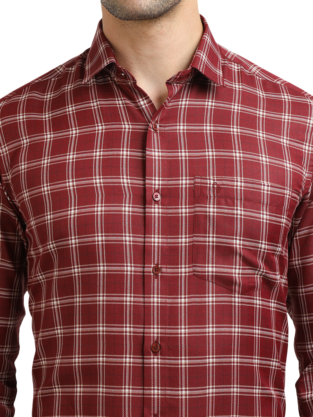 Model wearing Clarke Gable's Dark Maroon With White Checked Formal Shirt in a casual setting