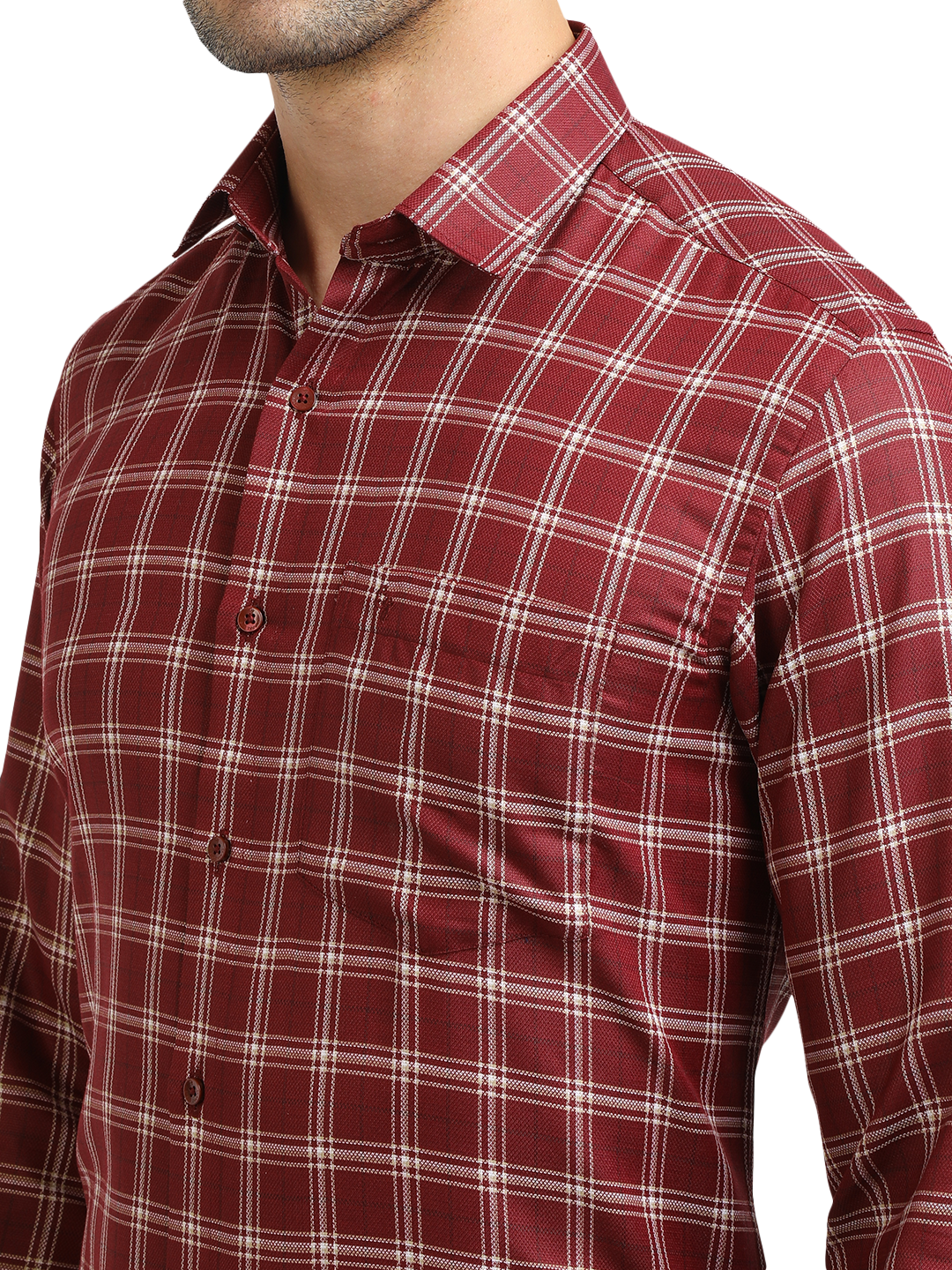 Model wearing Clarke Gable's Dark Maroon With White Checked Formal Shirt in a casual setting