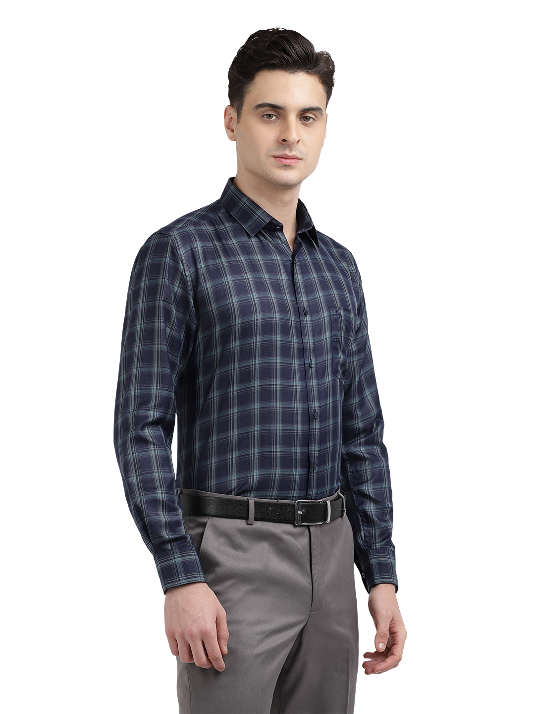 Model wearing Clarke Gable's Dark Navy Blue Checked Formal Shirt in a casual setting