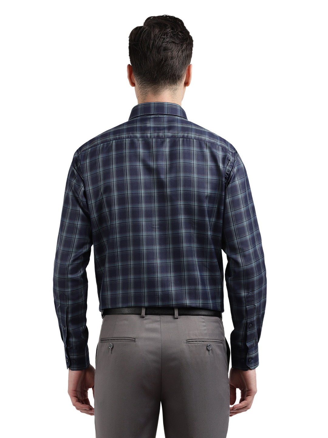 Model wearing Clarke Gable's Dark Navy Blue Checked Formal Shirt in a casual setting