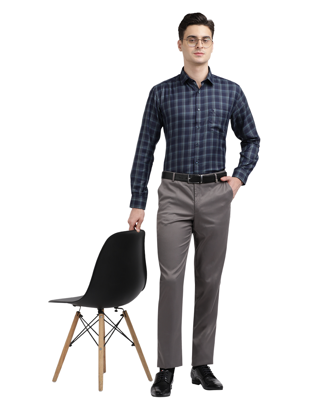 Model wearing Clarke Gable's Dark Navy Blue Checked Formal Shirt in a casual setting