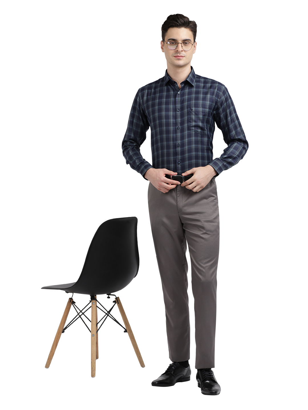 Model wearing Clarke Gable's Dark Navy Blue Checked Formal Shirt in a casual setting