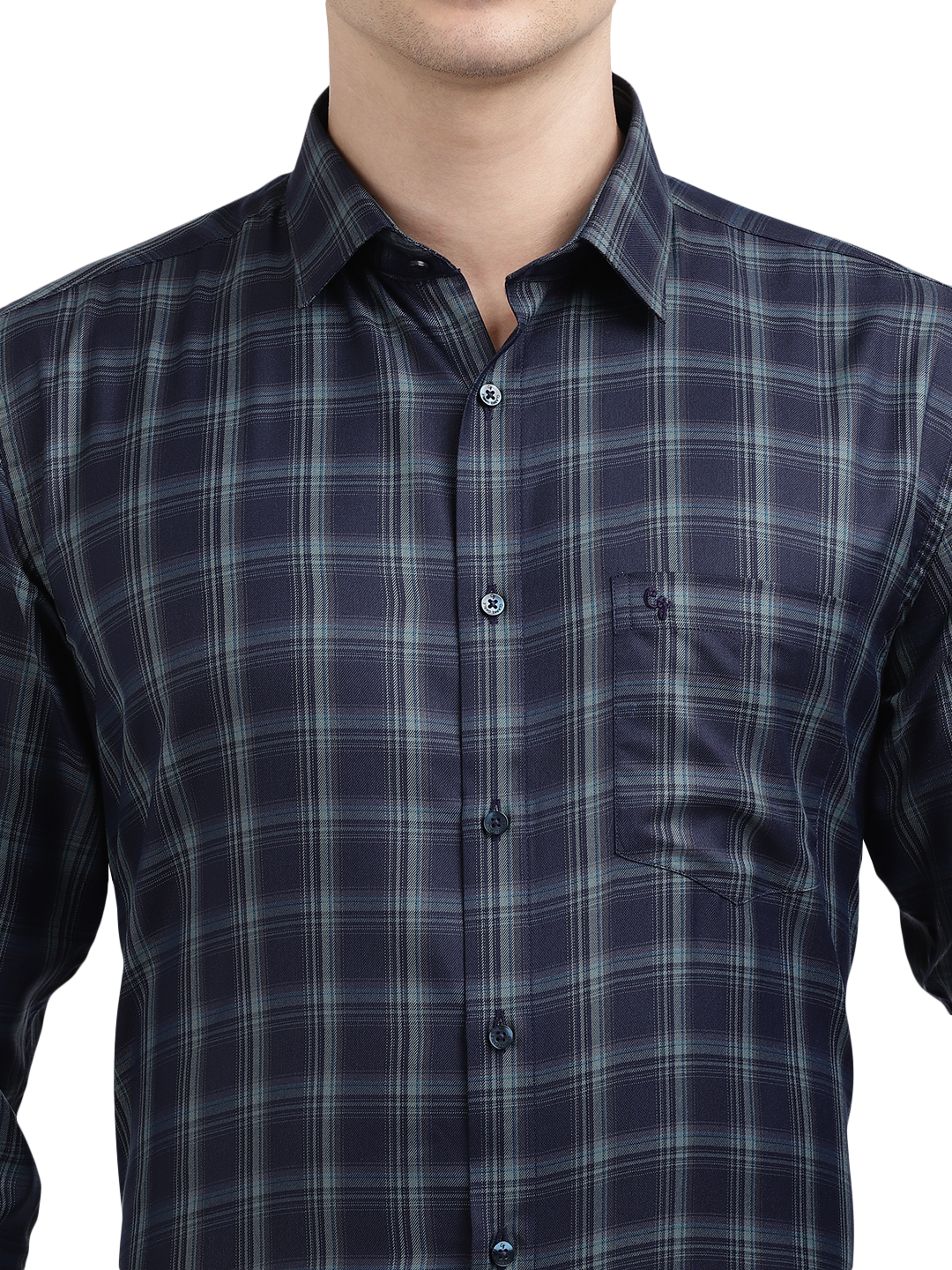 Model wearing Clarke Gable's Dark Navy Blue Checked Formal Shirt in a casual setting