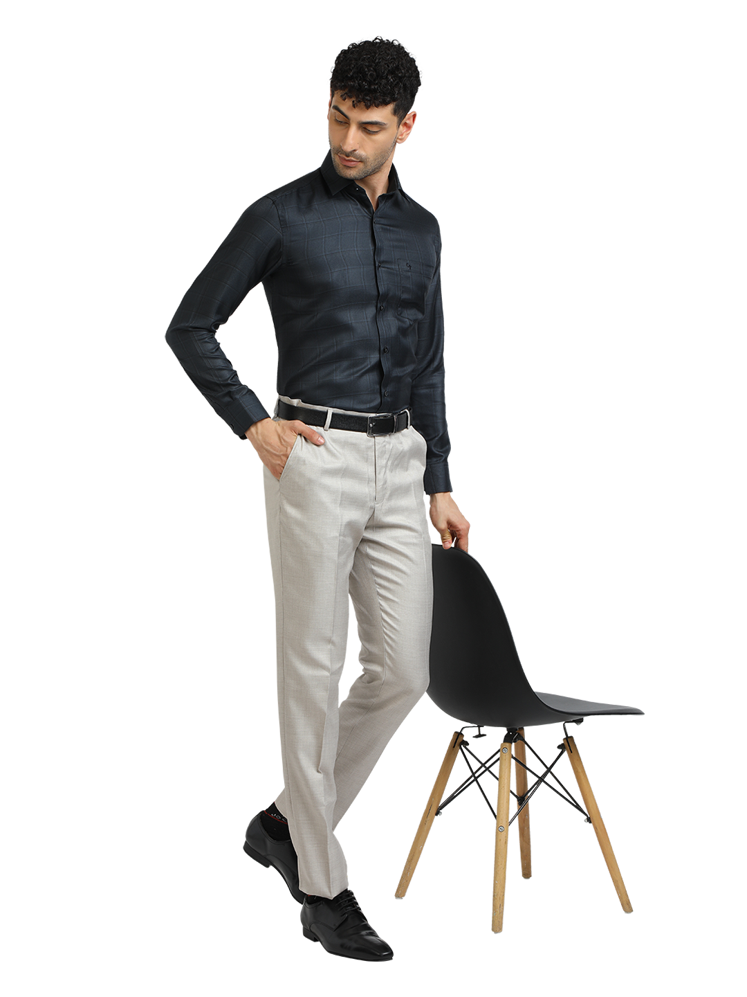 Model wearing Clarke Gable's Dark Navy Checked Formal Shirt in a casual setting