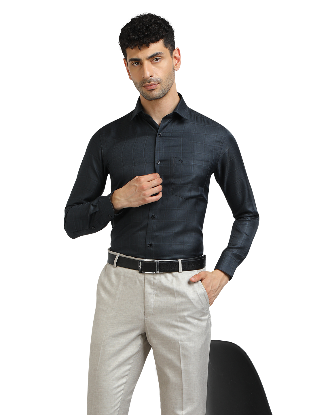 Model wearing Clarke Gable's Dark Navy Checked Formal Shirt in a casual setting