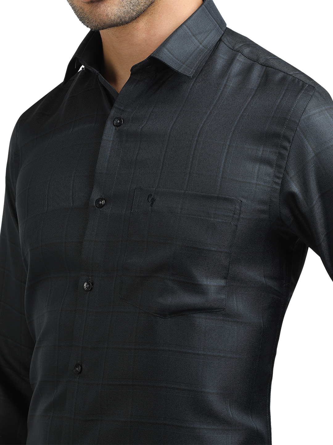 Model wearing Clarke Gable's Dark Navy Checked Formal Shirt in a casual setting