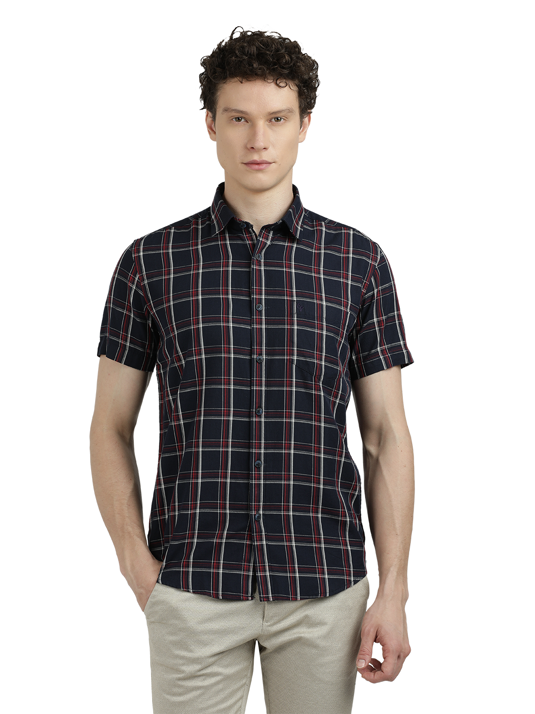 Model wearing Clarke Gable's Dark Navy Checked Semi Casual Shirt in a casual setting