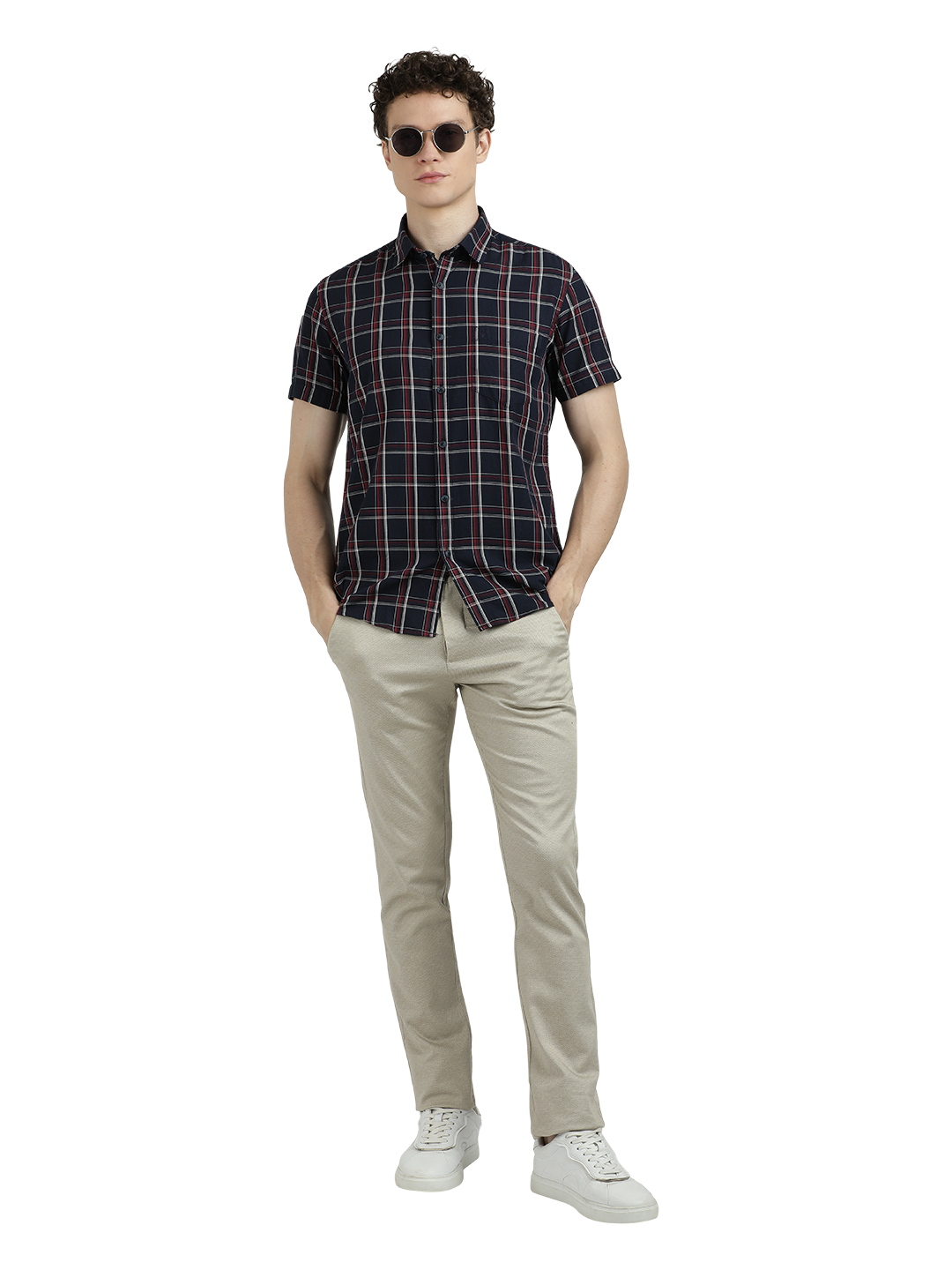 Model wearing Clarke Gable's Dark Navy Checked Semi Casual Shirt in a casual setting