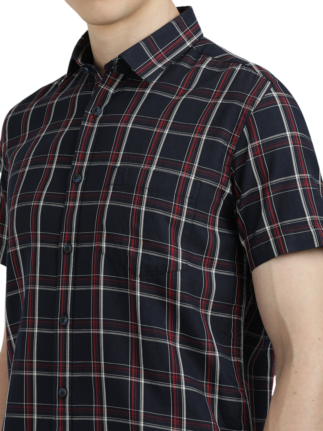 Model wearing Clarke Gable's Dark Navy Checked Semi Casual Shirt in a casual setting