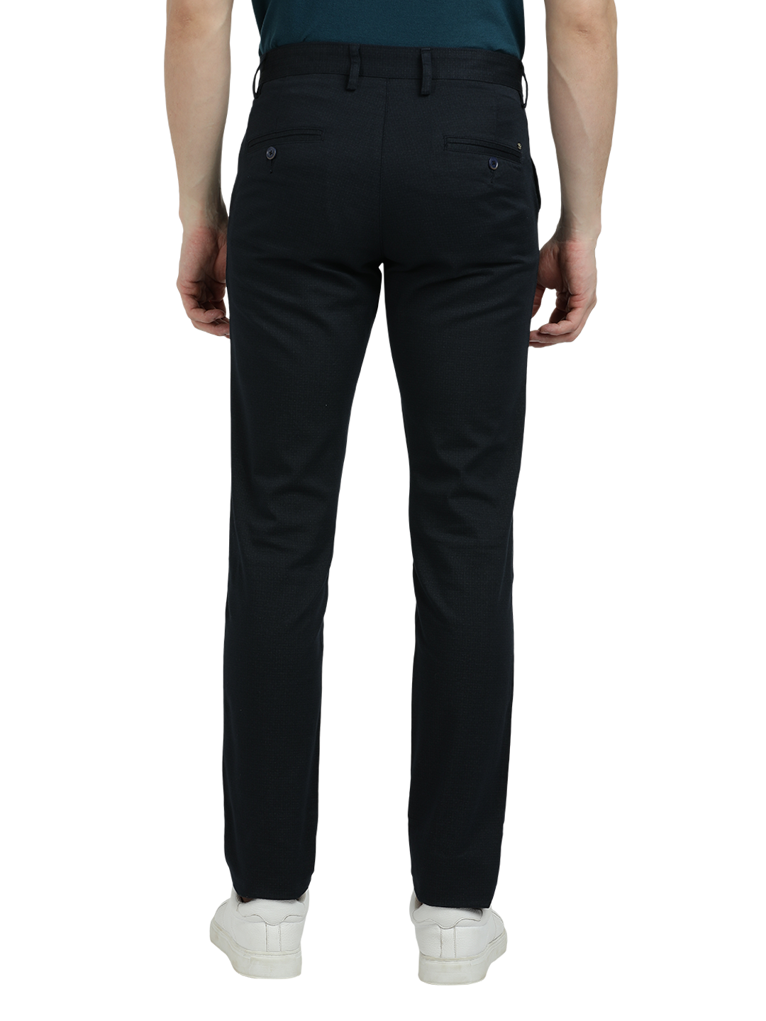 Model wearing Clarke Gable's Dark Navy Custom Fit Trousers in a casual setting