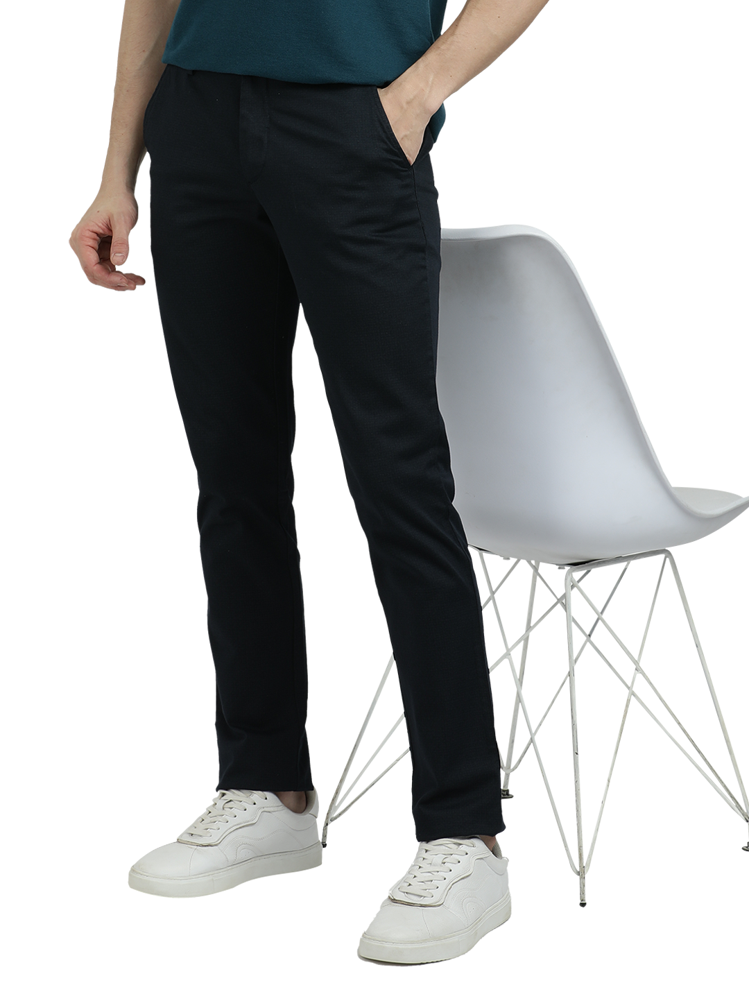 Model wearing Clarke Gable's Dark Navy Custom Fit Trousers in a casual setting