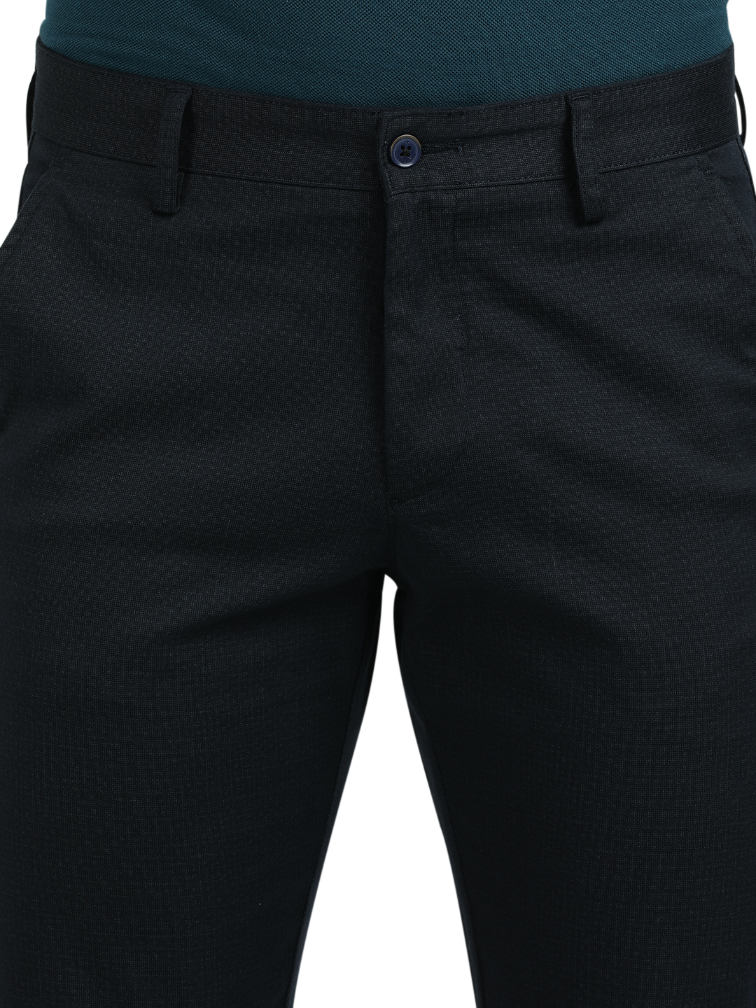 Model wearing Clarke Gable's Dark Navy Custom Fit Trousers in a casual setting